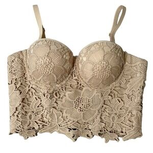 Floral Lace Stretch Underwire Bustier Corset Top Small Beige Push-up Bri…